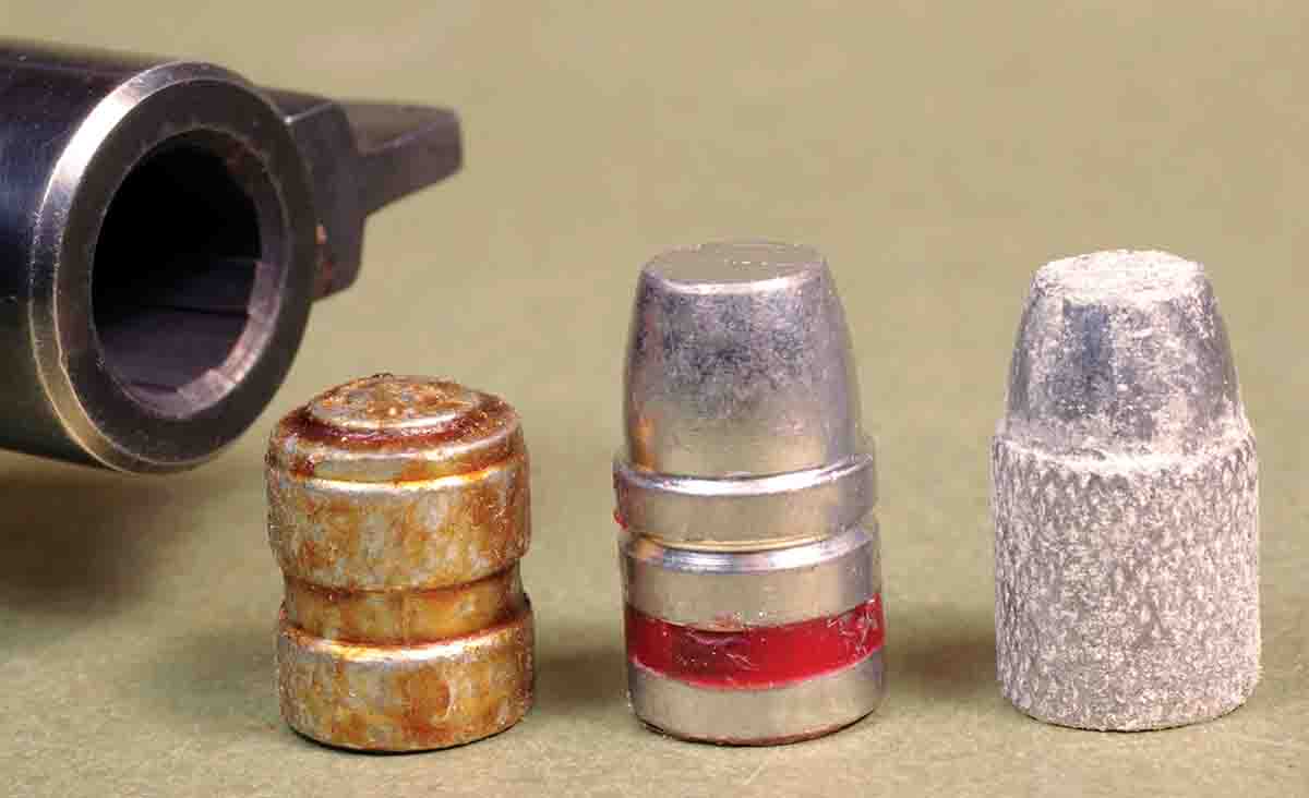 As a general rule, heavier bullets require slower-burning powder. These bullets for the .44 Magnum include (left to right): a 200-grain wadcutter, 240-grain cast semiwadcutter and a 240-grain swaged-lead bullet.